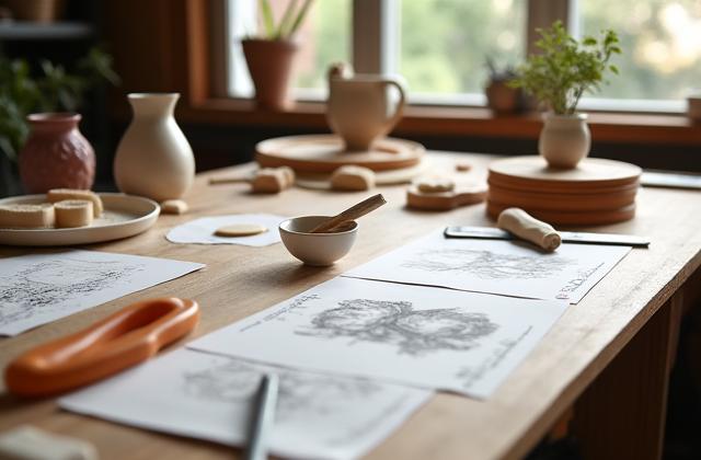 Postazioni di lavoro in ceramica ben illuminate con attrezzi e pezzi in argilla.