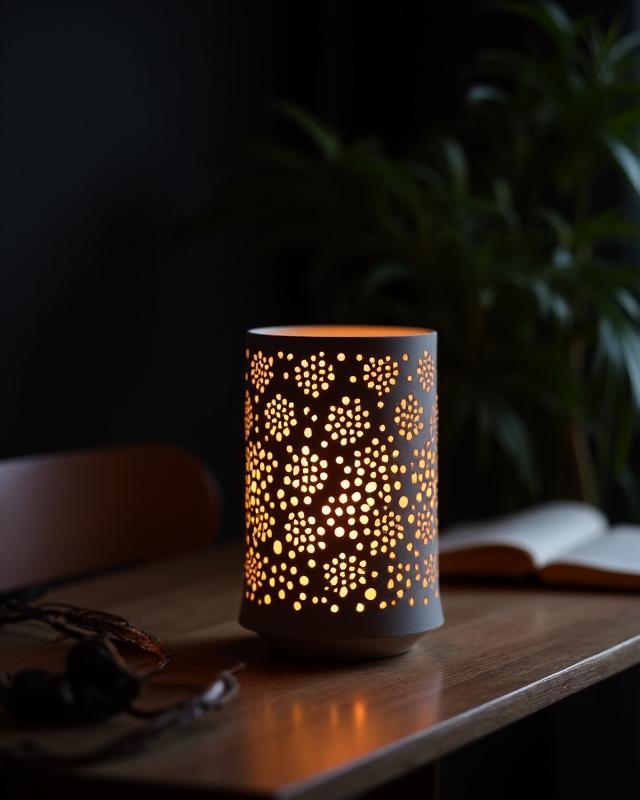 Lampada da tavolo in ceramica, design personalizzato con trafori che creano giochi di luce, smalto opaco