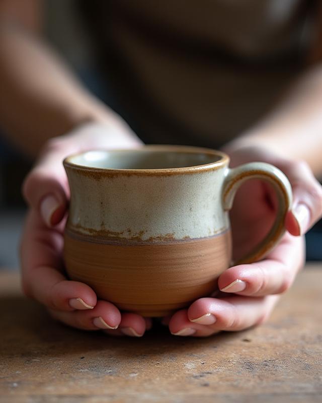 Tazza da caffè in ceramica realizzata da uno studente, con manico e smalto irregolare ma charming