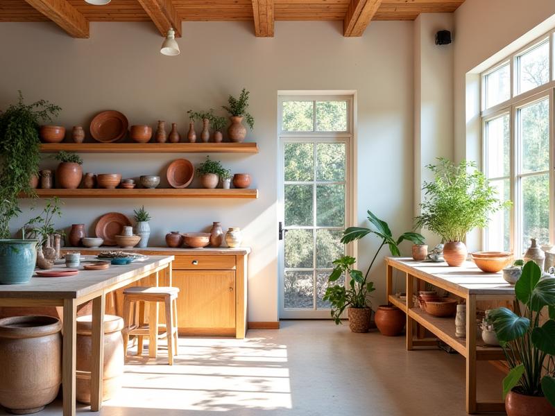 Interno luminoso e accogliente del Corallo Studio con ceramiche esposte.