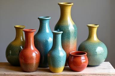 Vasi in ceramica con diverse finiture di smalto, che mostrano variazioni di colore e texture.