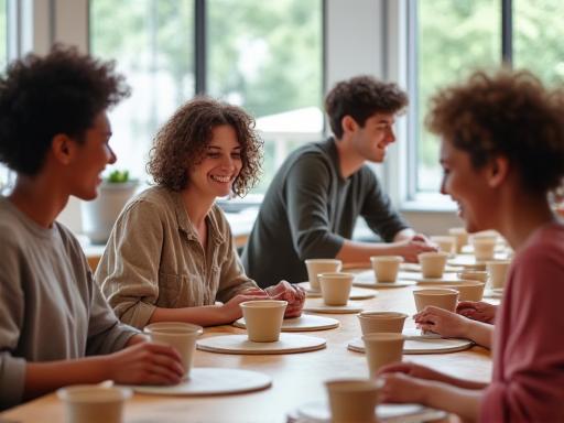 Gruppo di persone che lavorano insieme all'argilla in un ambiente allegro, per un evento di team building.