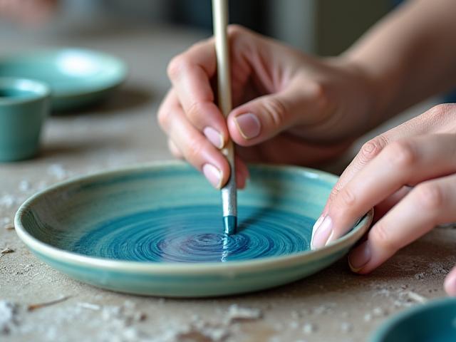 Mani in primo piano che smaltano un piatto di ceramica, con altri lavori artistici sullo sfondo sfocato.